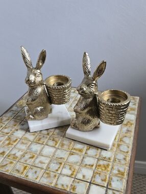 2 Brass Coloured Bunny Rabbit Candle Holders